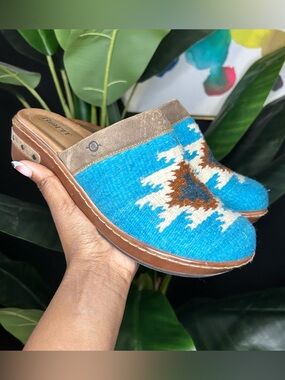 Born Turquoise Wool Clog Mules with Brown Suede Trim